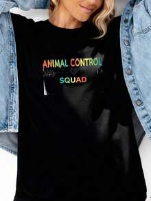 1 Women's T-Shirt With Floral Print And Lettering. - 黑色 2 - 查看 5
