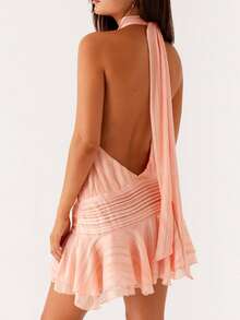 Women Chiffon Mini Halter Neck Dress Pleated Sleeveless Open Back A-Line Layered Ruffle Short Dress Vacation Club Party Wear - Orange - View 5