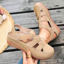 Women's Round Toe Stitched Wedge Thick Sole Hollow Out Hook And Loop Flat Sandals, Summer Outdoor - Apricot - View 1