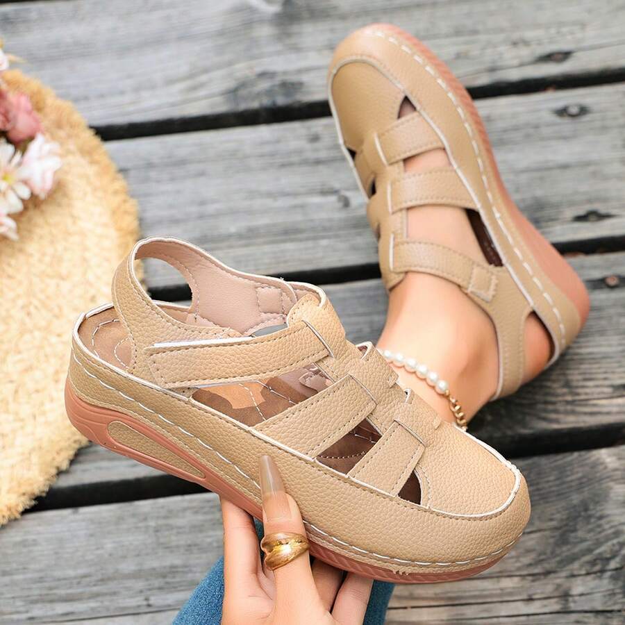 Women's Round Toe Stitched Wedge Thick Sole Hollow Out Hook And Loop Flat Sandals, Summer Outdoor - Apricot - View 1