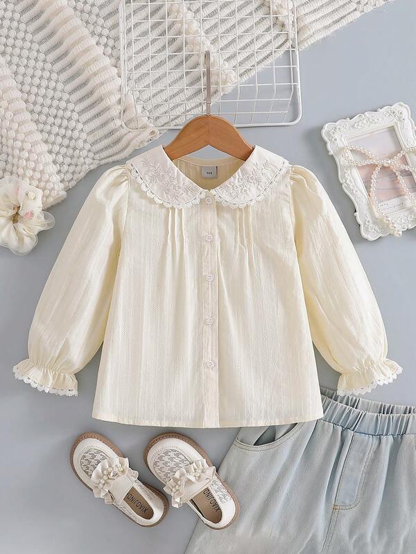Young Girls Pure Cotton Long Sleeve Top, Cute Peter Pan Collar Daily Wear Young Girl Shirt