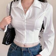 Fashion Women's Clothing  Cárdigan de corte ajustado con estilo universitario y costuras de espina de pescado, blusa elegante de manga larga con parches de encaje hueco para uso en la oficina, primavera/otoño Y2k - Blanco - Ver 10