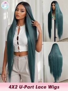 42 Inch Extra Long Deep Green U-Part Lace Front Wig, Straight Synthetic Lace Front Wig - Pre-Plucked Natural Hairline, Heat Resistant, Suitable For Cosplay And Daily Wear (Deep Green), Halloween - Multicolor - View 2