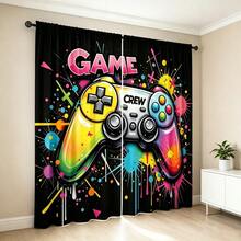 2 piezas Combinación de pantalla de ventana digital de alta definición, impresa con colores vibrantes y diseño de controlador de juego estilo graffiti, tela de poliéster lavable a máquina, perfecta para la decoración del hogar en la sala de estar y el dormitorio, mejora el efecto visual de las barras de cortina en el dormitorio y el estudio - Multicolor - Ver 3