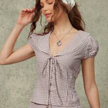 Blusa de estilo babydoll con cuello Peter Pan, manga corta con volantes y abotonadura - Rosa - Ver 2