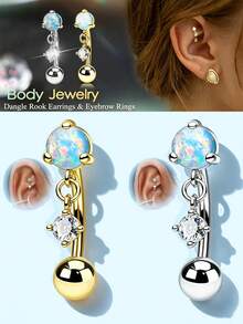 Vintage Rook Earrings Dangle 16G Pink Opal Eyebrow Rook Rings Stainless Steel Rook Eyeborw Piercing Jewelry - A - View 1