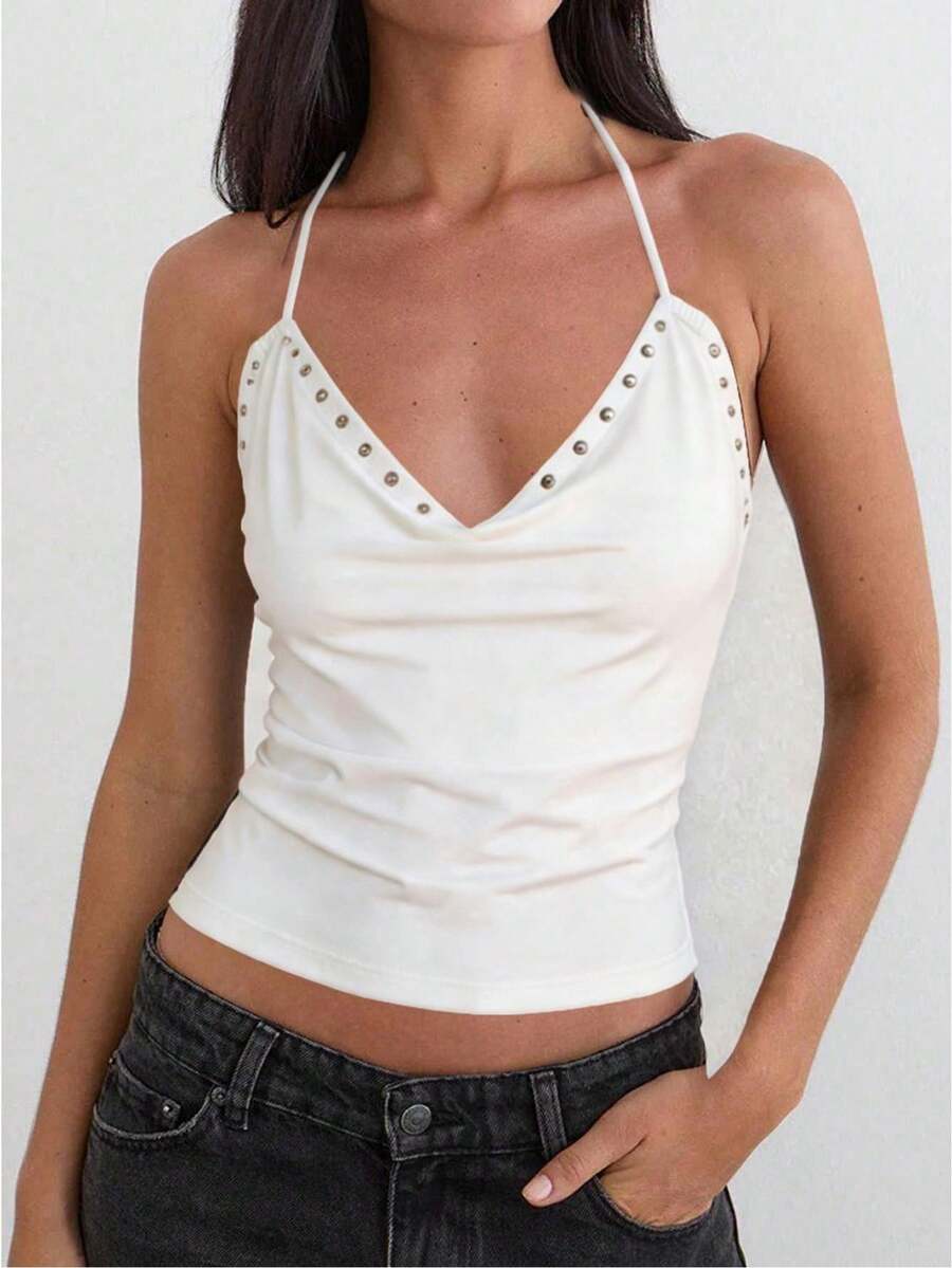 Womens Rivets Studded Halter Neck Plunge Cami Top Self-Tie Spaghetti Straps V-Neck Cut Out Front Crop Tank Top Camisole Vest Y2K Streetwear Party Tops - F214542-白色 - 查看 1