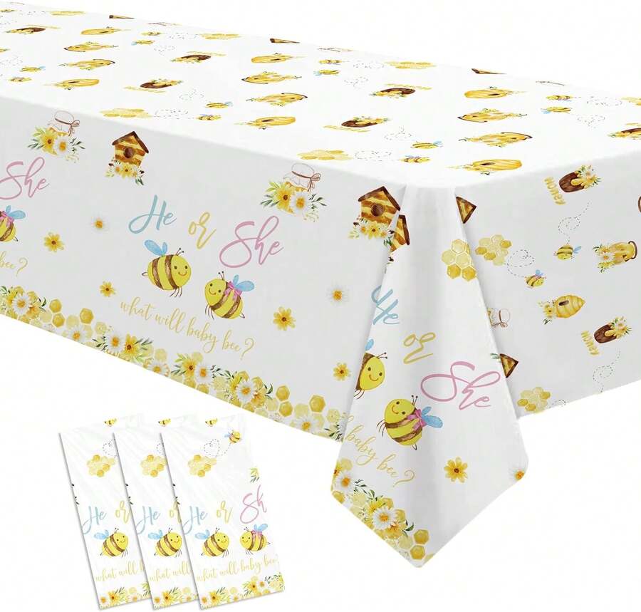 FVABO What Will It Bee Gender Reveal Party Supplies Tablecloth, 3pcs Disposable He Or She Bumble Bee Gender Reveal Decorations Tablecover For Baby Shower, 86in X 55in - White - View 1
