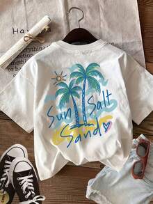 Women's Casual Summer Reversible Top With Two-Sided Print, Hand-Painted Style With Palm Trees, Sun And Sand Pattern, Round Neck, Short Sleeve, Solid Color. - 白色 - 查看 3
