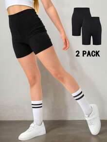 Solid Color 2pcs/Set Cycling Shorts & Yoga Leggings For Tween Girls (AZ143) - Black - View 5