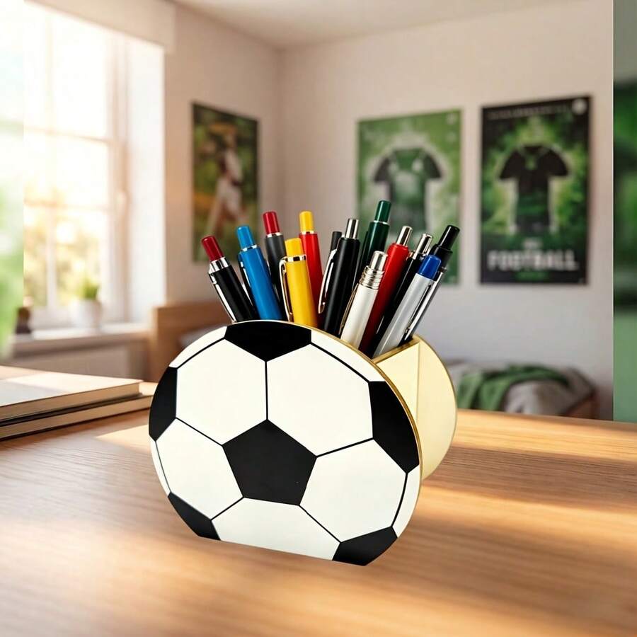 1組DIY足球筆筒,木製桌面鉛筆收納盒附足球圖案,創意運動風文具收納器,足球迷的理想禮物 - 彩色 - 查看 1