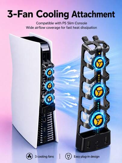 5 Slim / 5 Active Cooling Fan, Enhanced Rear Cooling Heatsink, 3-Speed Adjustment, USB Powered Smart Temp Control, High-Efficiency Cooling To Prevent Overheating, Low Noise Operation, Stable Performance For Long Gaming Sessions, Integrated Cooling Fan Stand Suitable For Digital And Disc Editions