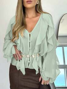 Blusa casual de gasa con cuello en V elegante, manga larga, con volantes y botones asimétricos, para el verano - Verde - Ver 3