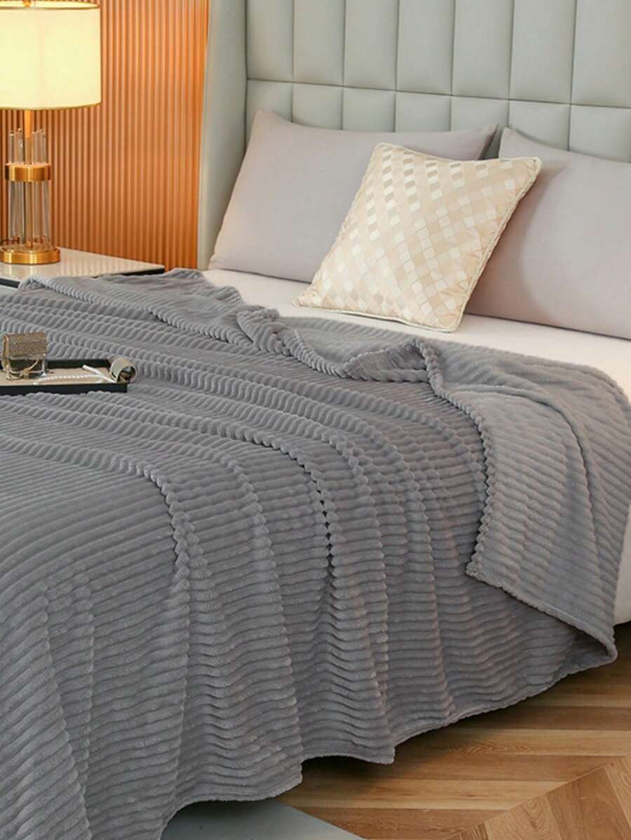 1pc Striped Soft Plush Blanket, Skin-Friendly And Comfortable For Bedroom And Guest Room, Machine Washable, Suitable For All Seasons - Light Grey - View 1