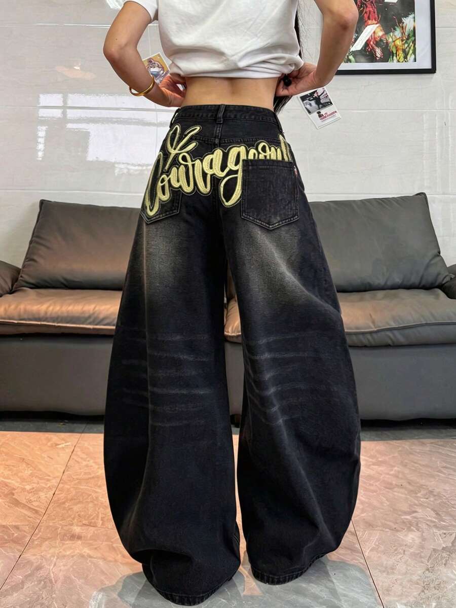 1件美式街頭風刺繡女款繭型寬腿牛仔褲，寬鬆舒適四季皆宜長褲（不含腰帶/配件） - 黑色 - 查看 1