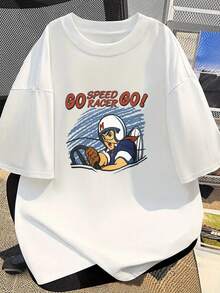 2026 Men's Plus Size Anime Pattern T-Shirt - Speed Racing! Go! Go SPEED GO! Racing Design - Black With Red Accents - Soft And Breathable Casual Top, Suitable For Everyday Wear. Loose And Comfortable, Vintage Style. - Black - View 1