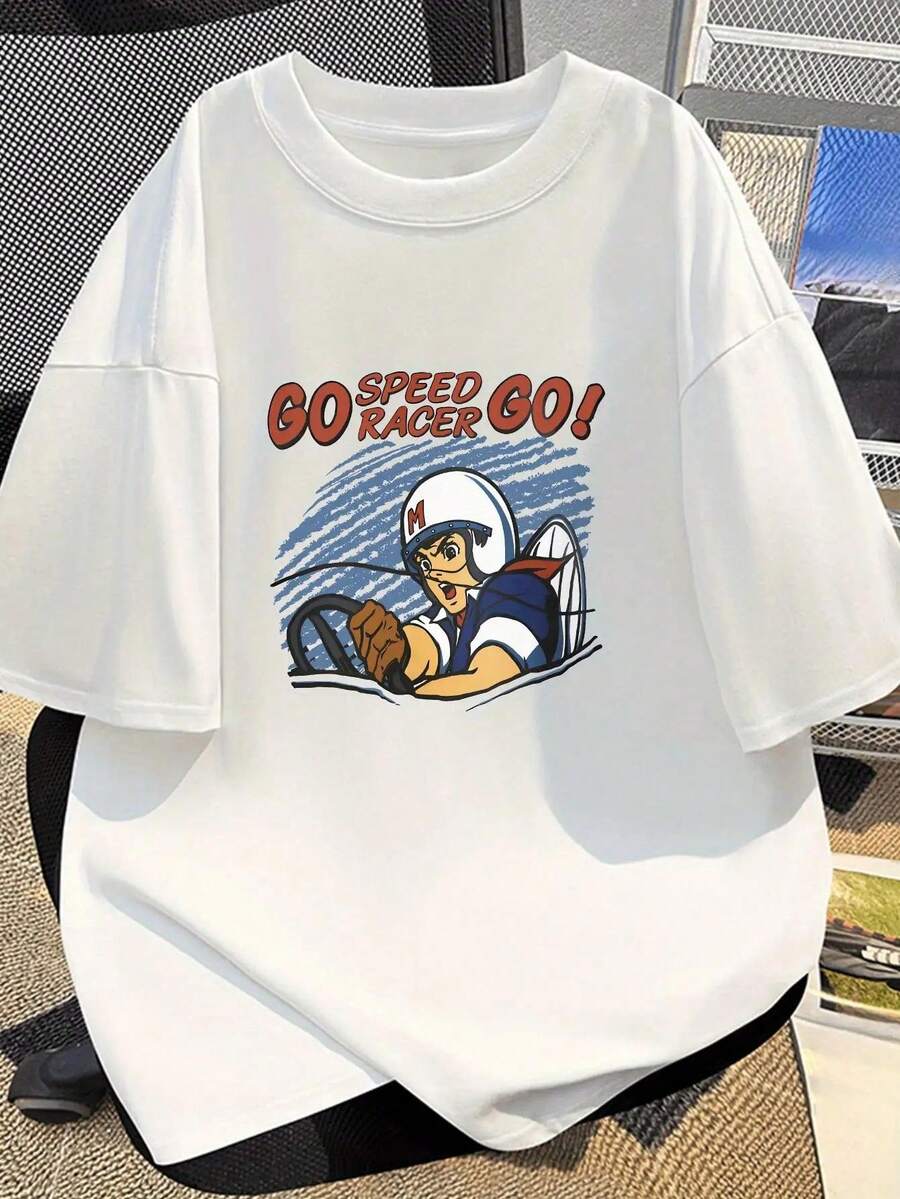 2026 Men's Plus Size Anime Pattern T-Shirt - Speed Racing! Go! Go SPEED GO! Racing Design - Black With Red Accents - Soft And Breathable Casual Top, Suitable For Everyday Wear. Loose And Comfortable, Vintage Style. - Black - View 1