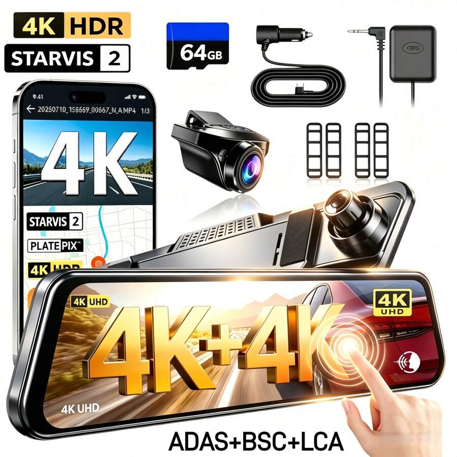IMX678 4K+4K Car Dash Cam, 12-Inch Rearview Mirror Camera, 4K Front And 4K Rear Reversing Camera, Full Touchscreen Display, With UHD Night Vision,5.8GHz WiFi, ADAS, Voice-Controlled, External GPS, Loop Recording, 170° Wide Angle, Optional 64G TF Card