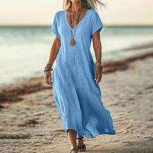 Loose-Fitting Solid Color V-Neck Cotton-Linen Women's Dress - White - View 3