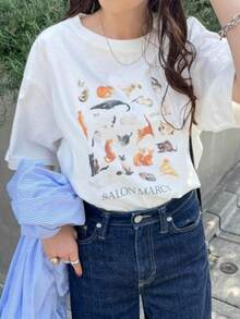Cat Print White Short-Sleeved T-Shirt, 100% Cotton, Women's, Cute, Casual, Domestic Shipping. New Summer Style, Summer Wear. (Please Refer To The Size Chart To Choose Your Size.) - White - View 1