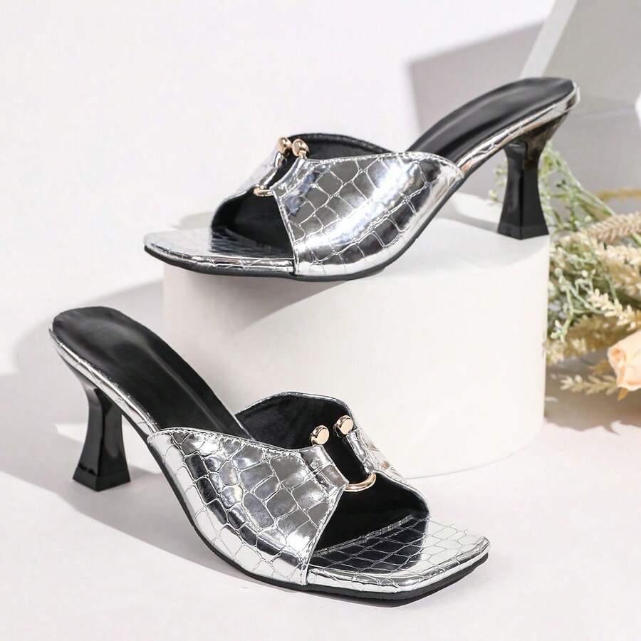 Women's Crocodile Embossed Low Heel Mules, Women's Fashion Square Toe Metal Decor Slip-On Sandals, Casual Commute Versatile High Heel Sandals - Silver - View 1