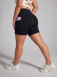 1pc Women's Plus Size High Waist Slimming Yoga Shorts, Seamless Soft Side Pocket Design, Suitable For Daily Outdoor Fitness - Black - View 5