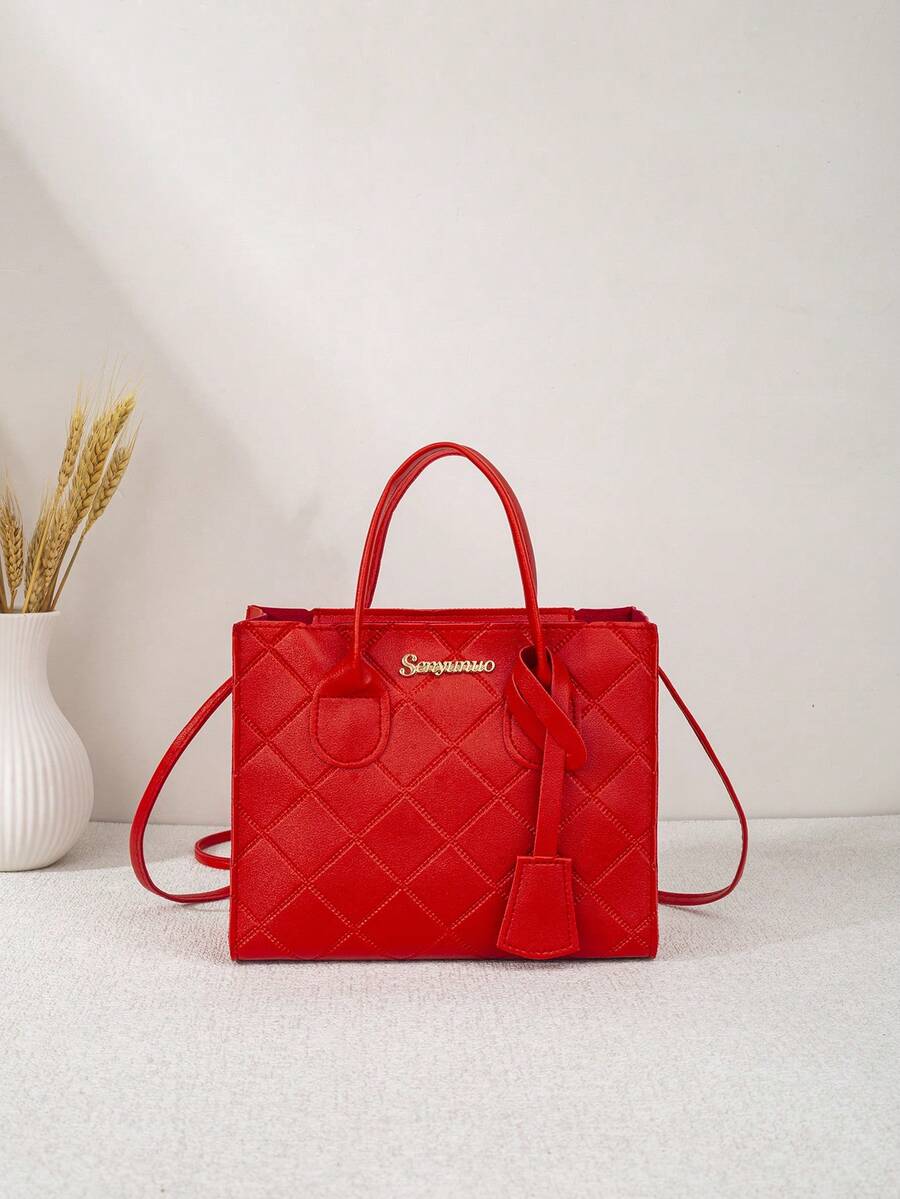 1件新款時尚女款手提包,可作為斜挎包或手提包攜帶,適合購物,情人節禮物,菱格紋絎縫布料 - 紅色 - 查看 1