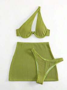 Swim Conjunto de bikini acanalado Sujetador con aros recortado y parte inferior de corte alto y falda de playa Traje de baño de 3 piezas - Verde lima - Ver 4