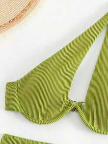 Swim Conjunto de bikini acanalado Sujetador con aros recortado y parte inferior de corte alto y falda de playa Traje de baño de 3 piezas - Verde lima - Ver 7