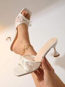 Women's High Heel Sandals, Lace Mesh Design With Bow Decor, White High Heels, Stiletto Mule Slippers, Cute & Sweet, Gentle Style, Suitable For Daily, Party, Vacation, Wedding, Commute, Live Streaming - White - View 3