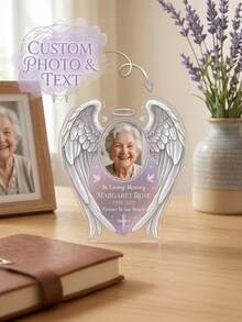 1pc Customized Photo & Text Angel Wings Acrylic Plaque, Personalized Name & Date Memorial Decor, Commemorative Gift, Condolence Remembrance, Forever In Our Hearts Memorial Decor, Mourning Family, Loved Ones, Family Memorial Display, Funeral Memorabilia, Memorial Altar Decoration - Multicolor - View 2