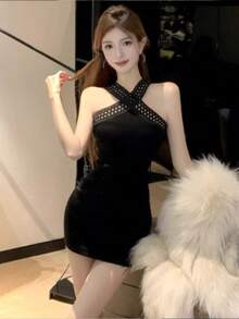 Autumn And Winter New Style Hollow String Inner Dress Women's High-End Light Luxury Sexy Pure Bucket Desire Hot Girl Hip Cover Short Skirt - Black - View 1
