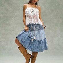 Camiseta sin tirantes de unicolor con volantes tejidos para mujer, estilo casual boho para vacaciones, San Valentín, festivales de música - Albaricoque - Ver 10