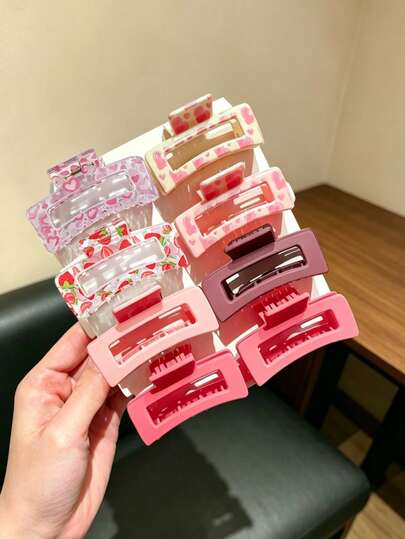 8pcs Women's Fashion Elegant Cute Pink Heart Pattern Valentine's Day Hair Accessories, 6.5cm/2.51inch Medium Square Semi-Circle Hair Clips, Suitable For Various Daily Occasions, Campus Wear, Women's Hair Accessories, Women's Accessories, Women's Gifts