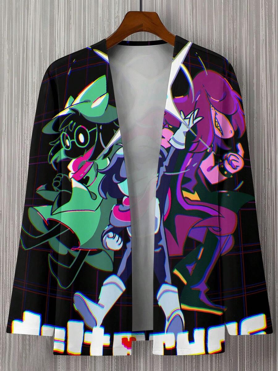Men's Vintage Street Print Open Cardigan, Casual Long Sleeve Kimono Jacket Colorful Anime Characters Pattern Print For Urban Style & Night Out - 混合色 - 查看 1