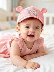 1 pieza Gorra de béisbol con orejas de oso lindo para niñas pequeñas con decoración de 26 letras, perlas y strass, protección solar, para 1-3 años, uso al aire libre y diario - Rosa - Ver 2