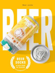 1 par de calcetines de media caña con base gris y talón negro, diseño de tubo de cerveza, set de regalo en caja metálica para pareja, Body de elasticidad moderada con estampado divertido de etiqueta de cerveza en inglés, diseño creativo y realista de cerveza, adecuado para reuniones de amigos / regalo sorpresa de Nochevieja y Navidad, calcetines vintage y peculiares para uso casual diario, regalo perfecto para viajes cortos / barbacoa al aire libre / deportes de fitness / beber en casa y otras ocasiones, transpirable para todas las estaciones, versátil para fiestas y uso en el hogar - Gris - Ver 4