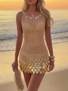 Vestido corto de verano sin mangas con diseño de lentejuelas, tirantes finos y transparente para playa y vacaciones, nueva llegada 2026 - Marrón Chocolate - Ver 5