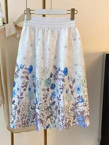 High-Waisted Elastic Skirt With Embroidered Lace And Water-Soluble Print - 藍色 - 查看 9