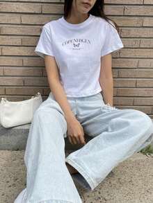 Graphic T-Shirt With Butterfly And Letters - White - View 6