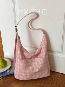 1pc Women's Contrast Plaid PU Shoulder Crossbody Bag, Large Capacity Crescent Shaped Handbag, Suitable For Commuting, Shopping, Gift - Pink - View 1