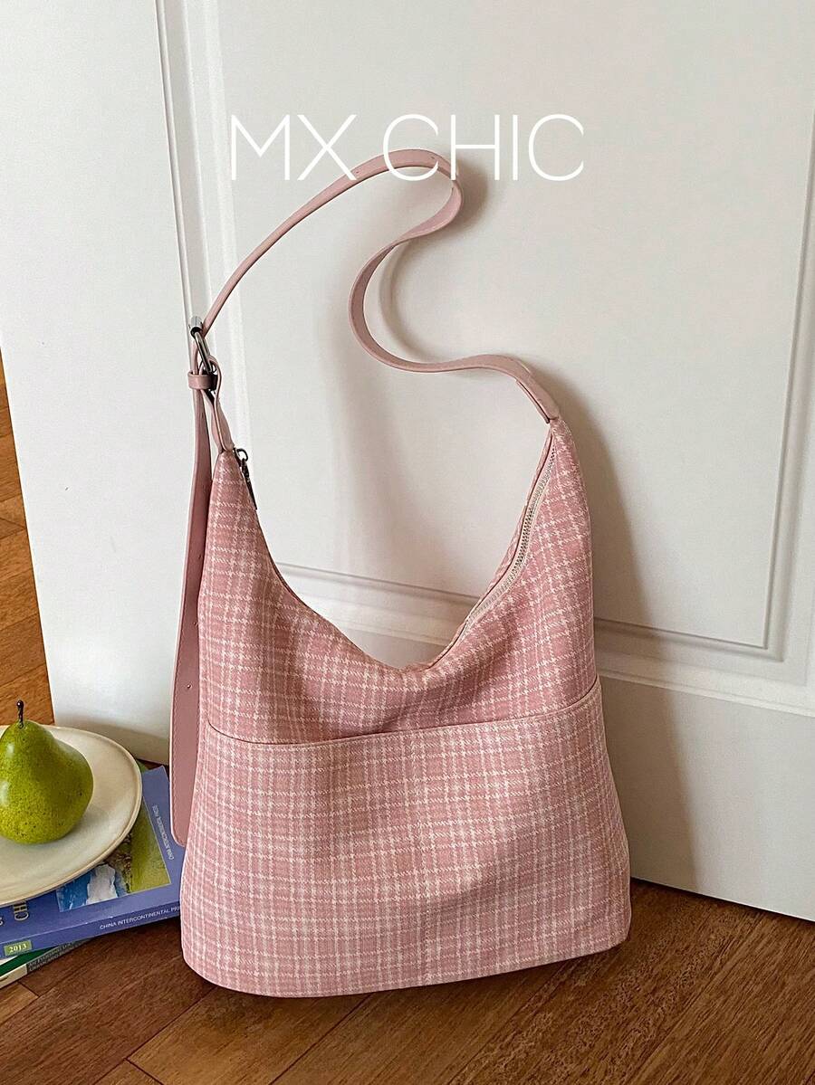 1pc Women's Contrast Plaid PU Shoulder Crossbody Bag, Large Capacity Crescent Shaped Handbag, Suitable For Commuting, Shopping, Gift - Pink - View 1