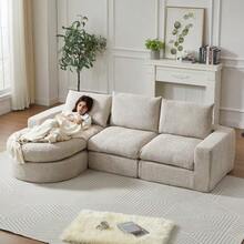 Chenille Sofa With Curved Elements And Chaise Longue, Fully Compressed And Frameless, Modular Corner Sofa With L-Shaped Chaise Longue, Compressed Foam Sofa, No Assembly Required - 米色 - 查看 2