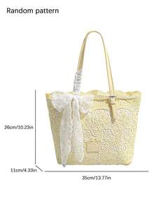 Bolso tote de encaje calado gran capacidad asa de piel regulable lazo de encaje desmontable varios colores mujer diario playa viaje vacaciones regalo - Amarillo - Ver 4