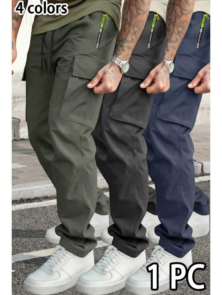男士休閒長褲,春秋款素色運動多口袋戶外工裝褲,直筒拉鍊運動長褲 - 軍綠色 - 查看 1