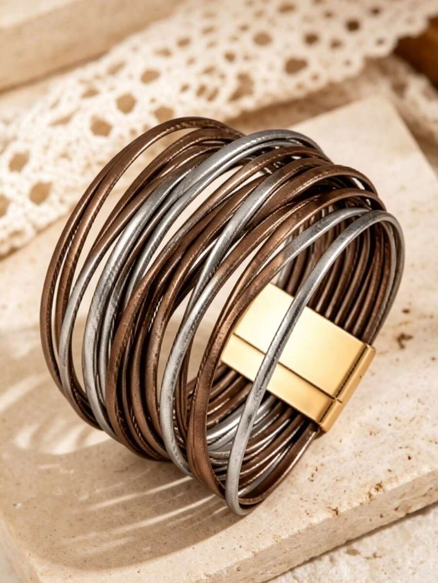 Bohemian Style PU Leather Multi-Layer Women's Bracelet For Outfit Matching - Gray and Brown Mixed Colors - View 1