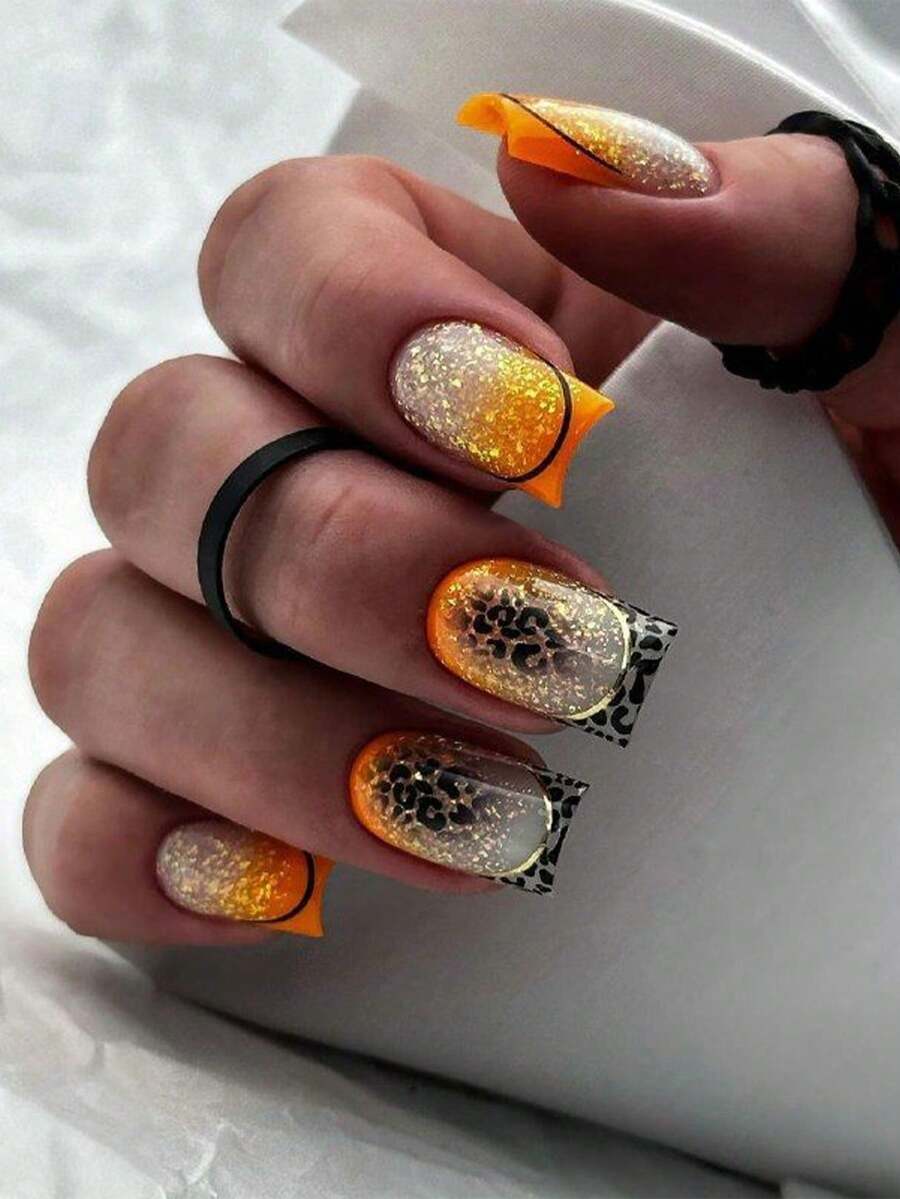24 Stücke glitzernde Leoparden Herbst Aufklebe-Nägel kurz rund, Fake Nägel mit Leoparden Muster, Komplettabdeckung glänzende Acryl Nägel, süß für Frauen und Mädchen, zum Selbermachen Maniküre Dekoration - Verschiedenfarbig - Übersicht 1