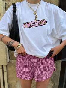 Women's Summer Casual T-Shirt With Round Neck And Short Sleeves, Featuring Letter And Skateboard Print, Graphic Top For Women. - 布蘭克 - 查看 8