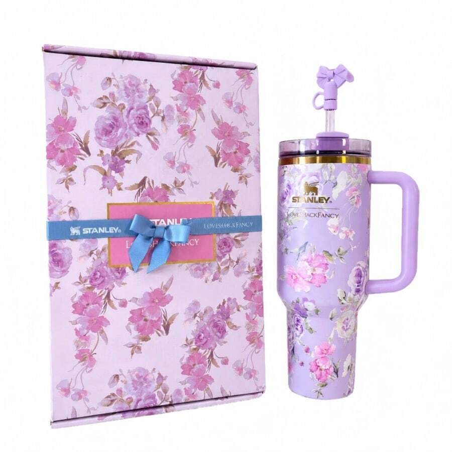 Stanley 1913 X LoveShackFancy 40oz Quencher H2.0 FlowState Insulated Tumbler - Floral Print Stainless Steel Vacuum Travel Mug With Lid & Straw, Cup Holder Compatible - 粉紅色-蝴蝶 - 查看 1