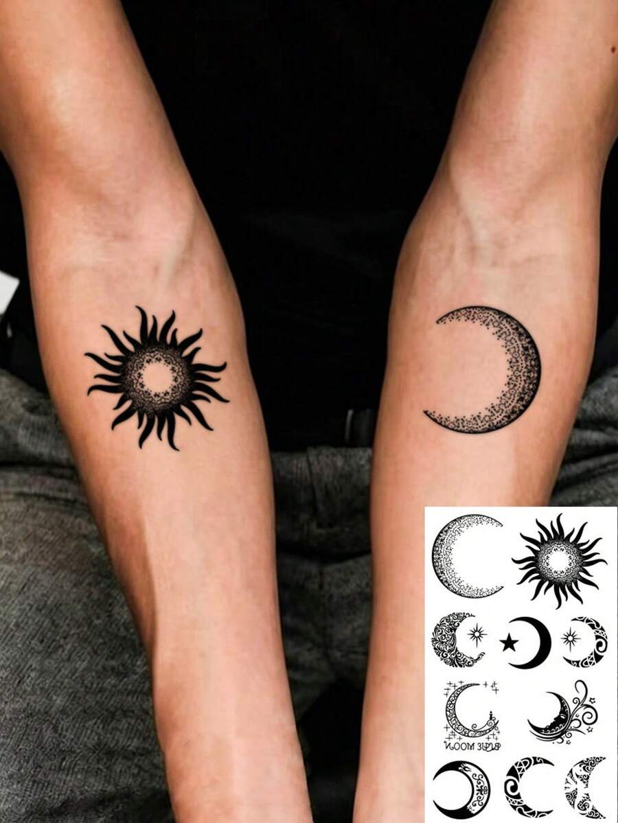 1pc Black Boho Sun Moon Star Mandala Mixed Pattern Temporary Tattoo, Men's Temporary Tattoo Patch, Simulated Tattoo Design, Suitable For Travel, Music Festival, Games, Graduation Gifts, Lasts For 3-5 Days - Black - View 1